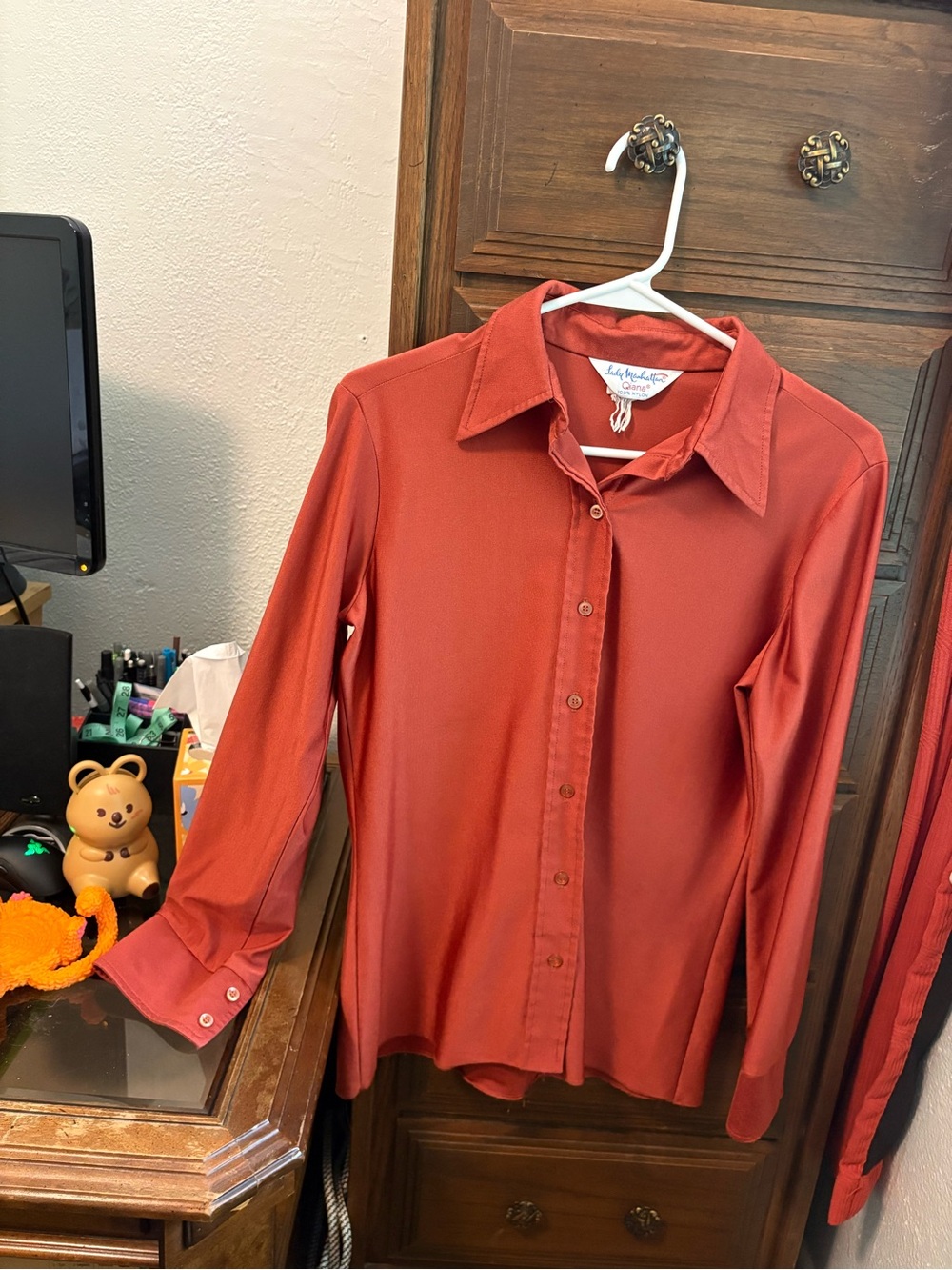 Women's Long-Sleeve Button-Up Blouse in Rust Red